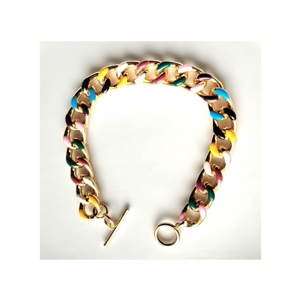 New Gold Plated Multi-colored Enamel Chunky Chain Toggle Women's Bracelet